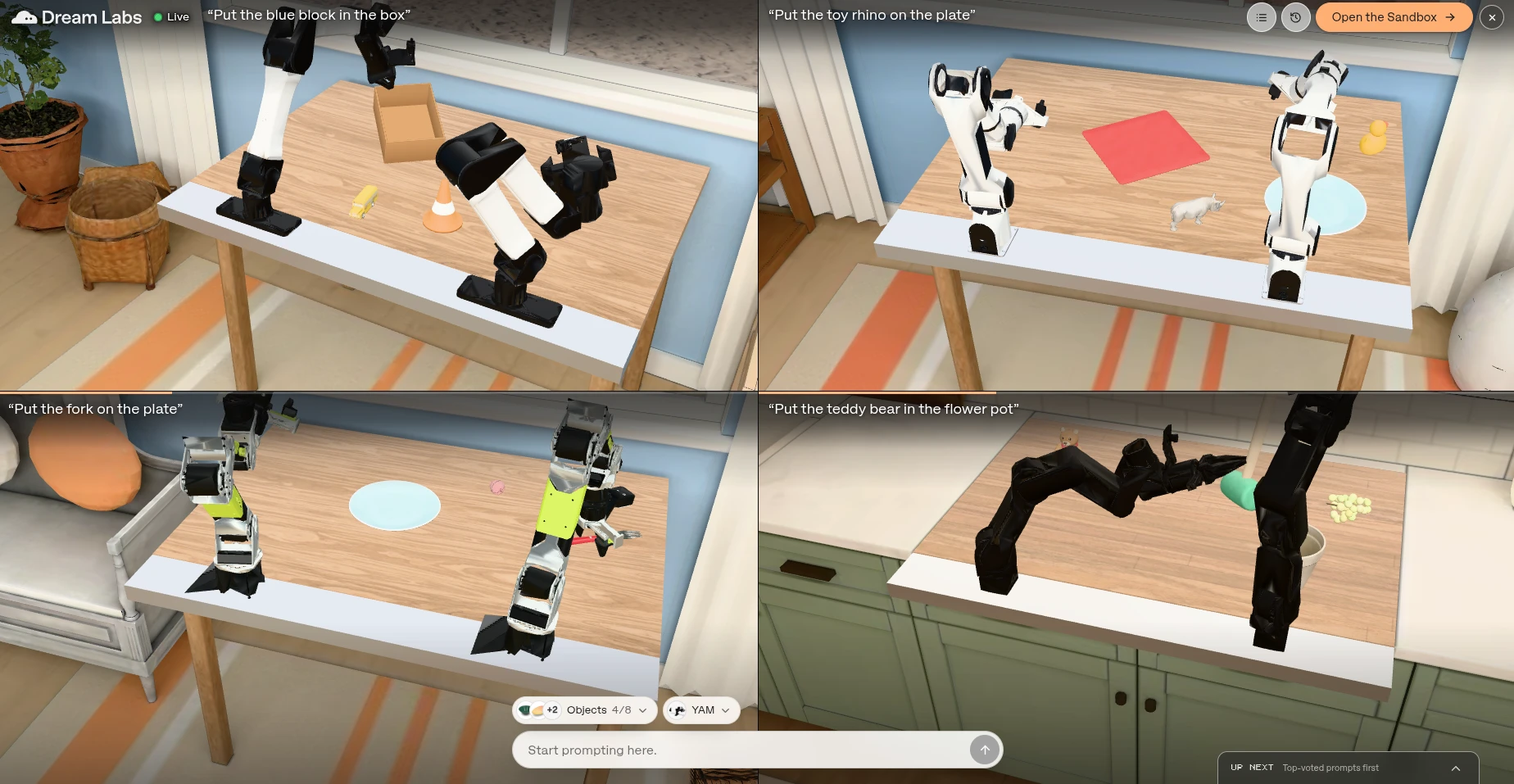 Dream Labs Robot Playground: four robot arm setups on tabletops, each running a typed prompt such as “Put the blue block in the box” and “Put the teddy bear in the flower pot”, with a prompt box and robot selector set to YAM